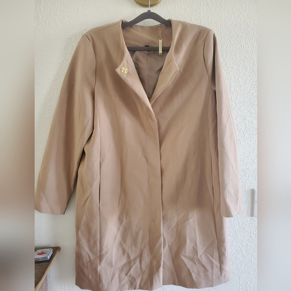Iman Platinum Luxe Sz Large City Coat Crepe Woven Knit Khaki Midi Coat - Picture 1 of 10
